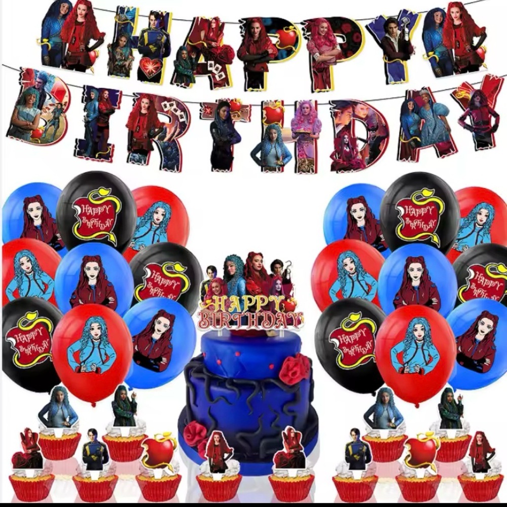 New Descendants Birthday Party Set Balloons Cupcake  Cake Topper Banner
